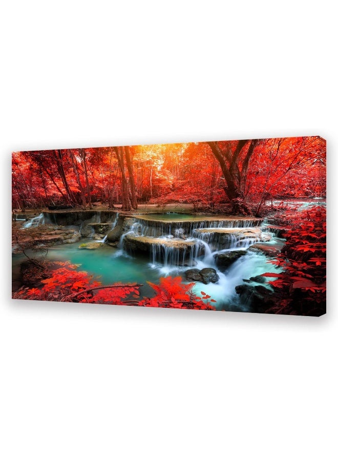 Home Trove Muolunna Bk03950 Wall Art Decor Canvas Print Picture Red Forest Waterfalls  - Image 1