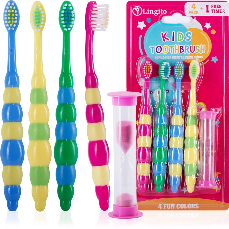 Lingito Kids Toothbrush, Toddler Toothbrush, Kids Toothbrush Pack, Toddler Toothbrush Age 2-4, Kids Tooth Brush, Kids Travel Toothbrush for Tiny Hands Boys and Girls Soft Toothbrush Kids (4 Pack - With Timer) - Image 1