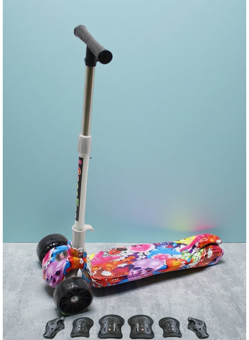 إيزي فيتشور سكوتر للأطفال من عمر 3 إلى 8 سنوات بإطار قابل للطي، ومقود قابل للتعديل، وعجلات LED من البولي يوريثان، وفرامل خلفية مع مجموعة معدات الحماية - Image 1