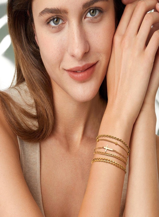 MPRAINBOW Cross Bracelets Gold Jewelry Gifts - 14k Gold Plated Layered Bracelet Snake Cuban Chain,Stackable Gold Bracelet Pack Trendy Jewelry for Women,Easter Christian Gift for Her Mom Girlfriend - Image 2