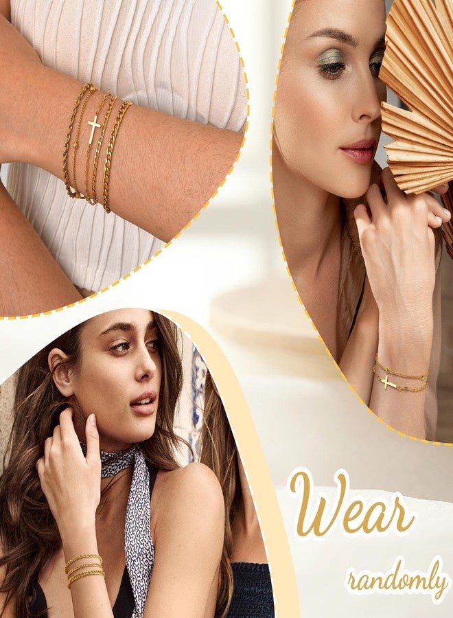 MPRAINBOW Cross Bracelets Gold Jewelry Gifts - 14k Gold Plated Layered Bracelet Snake Cuban Chain,Stackable Gold Bracelet Pack Trendy Jewelry for Women,Easter Christian Gift for Her Mom Girlfriend - Image 3