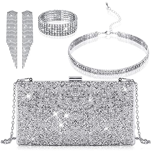 Jadive 4 Pcs Silver Clutch Purse for Women Evening Bag Formal Rhinestone Clutch Bracelet Choker for Wedding Party Gift - Image 1
