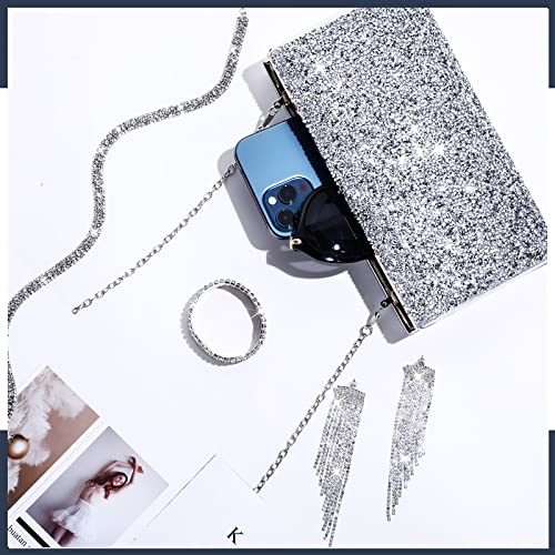 Jadive 4 Pcs Silver Clutch Purse for Women Evening Bag Formal Rhinestone Clutch Bracelet Choker for Wedding Party Gift - Image 5