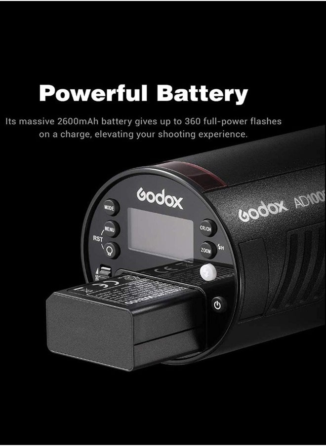 GODOX AD100Pro Pocket Studio Flash Light Photography Light OLED Screen 5800K 1/8000s Sync TTL/Multi/M Flash Built-in 2.4G Wilreless X System 5 Groups 32 Channels with Rechargeable 2600mAh Battery