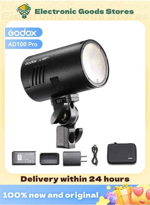 GODOX AD100Pro Pocket Studio Flash Light Photography Light OLED Screen 5800K 1/8000s Sync TTL/Multi/M Flash Built-in 2.4G Wilreless X System 5 Groups 32 Channels with Rechargeable 2600mAh Battery
