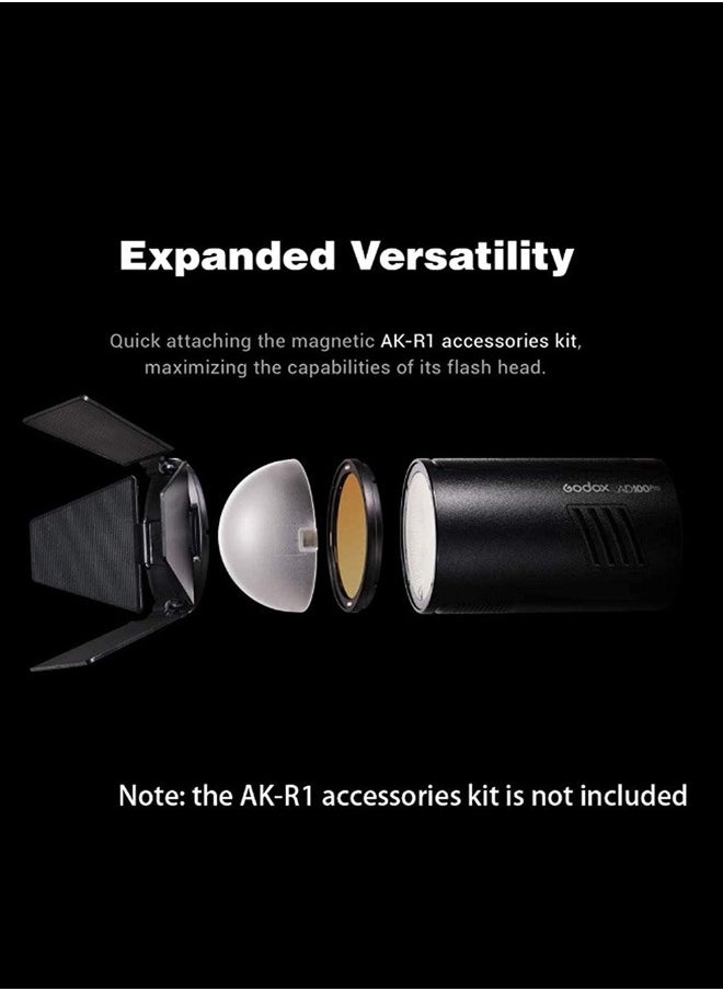 GODOX AD100Pro Pocket Studio Flash Light Photography Light OLED Screen 5800K 1/8000s Sync TTL/Multi/M Flash Built-in 2.4G Wilreless X System 5 Groups 32 Channels with Rechargeable 2600mAh Battery