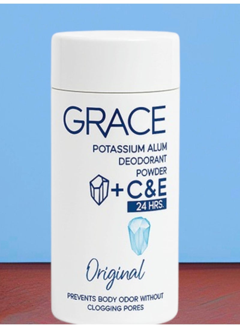 مزيل العرق الأصلي بمسحوق الشبة والبوتاسيوم 35 جرام تساعد بودره جريس الطبيعية على منع الرائحة والعرق من الأبطين والقدمين ويقلل التجاعيد ويحتوي على مستخلص فيتامين إي وسي والكرز الهندي والكيوي لتنعيم البشرة وتقليل البقع الداكنة لا يترك اي بقع