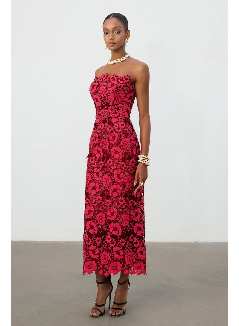 Skye & Iris Cobalt Red Floral Lace Strapless Column Midi Dress