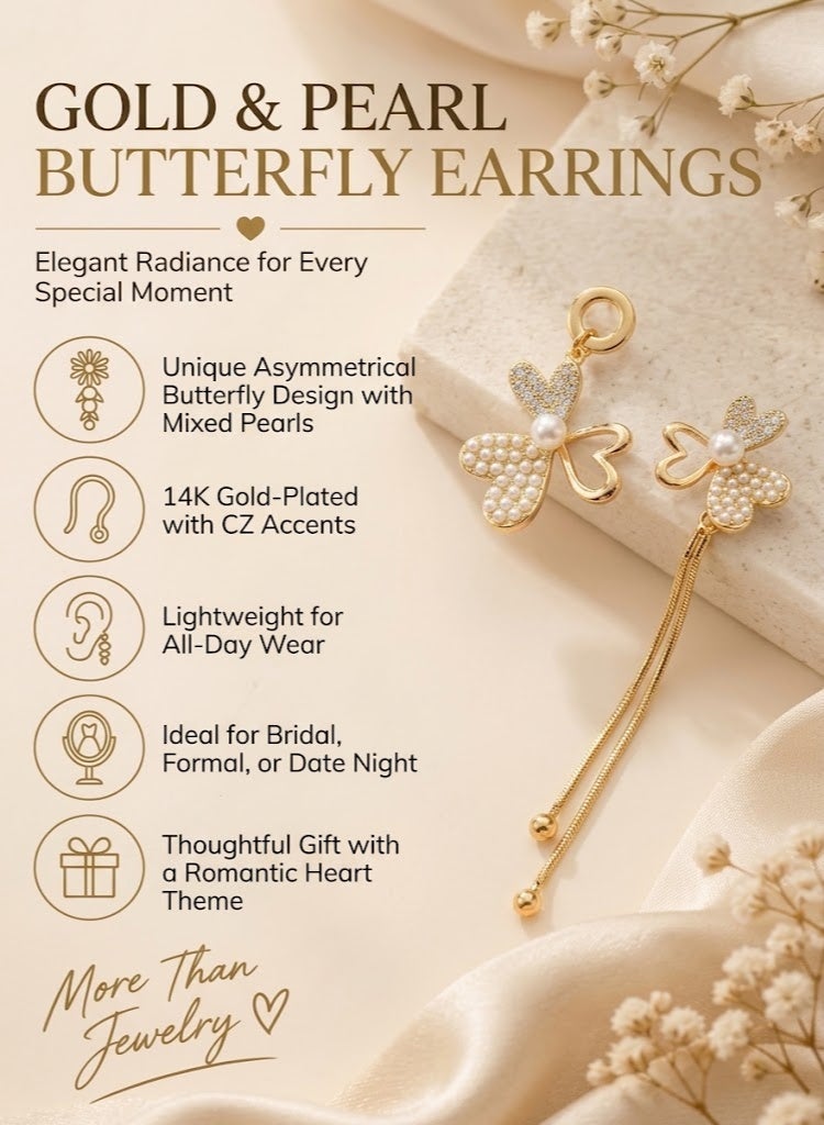 R.C.E Accessories Sweet Pearl Floral Earrings for Women & Girls - Gold-Tone Asymmetrical Drop Dangle Jewelry - Image 4
