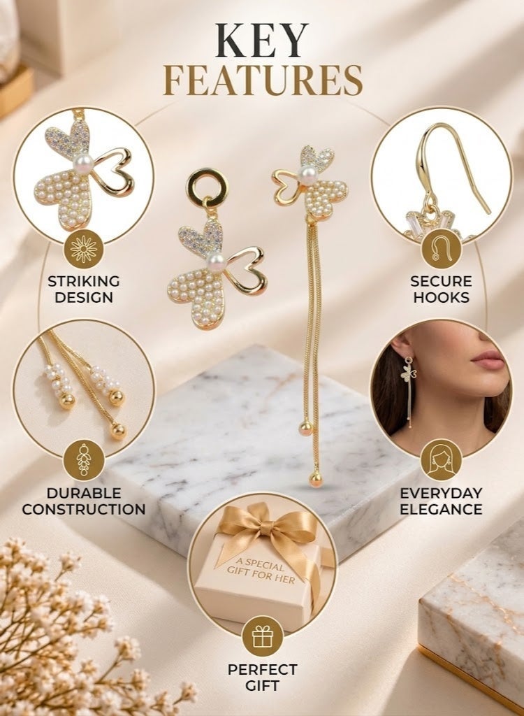 R.C.E Accessories Sweet Pearl Floral Earrings for Women & Girls - Gold-Tone Asymmetrical Drop Dangle Jewelry - Image 3