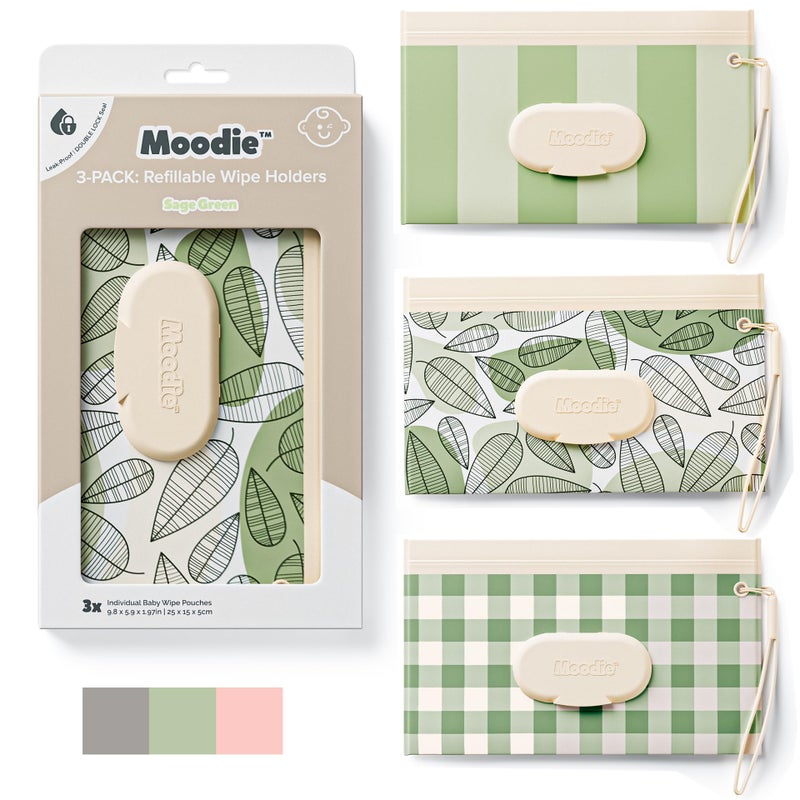 moodie NEW 3 PACK Baby Wipes Holder | Refillable Wipes Container w/DOUBLE-LOCK SEAL |Travel Wipe Case | Portable Wipe Dispenser for Diaper Bag w Silicone Strap | Reusable Wipes Pouch (SAGE GREEN) by Moodie - Image 1