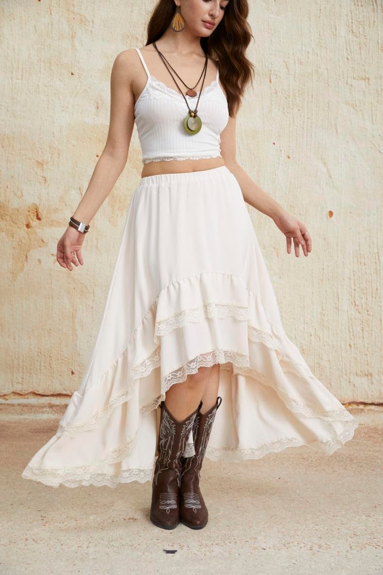 Verdusa Women's Western Boho Lace Ruffle Skirt Asymmetrical Country Cowgirl Skirts Apricot Medium - Image 5