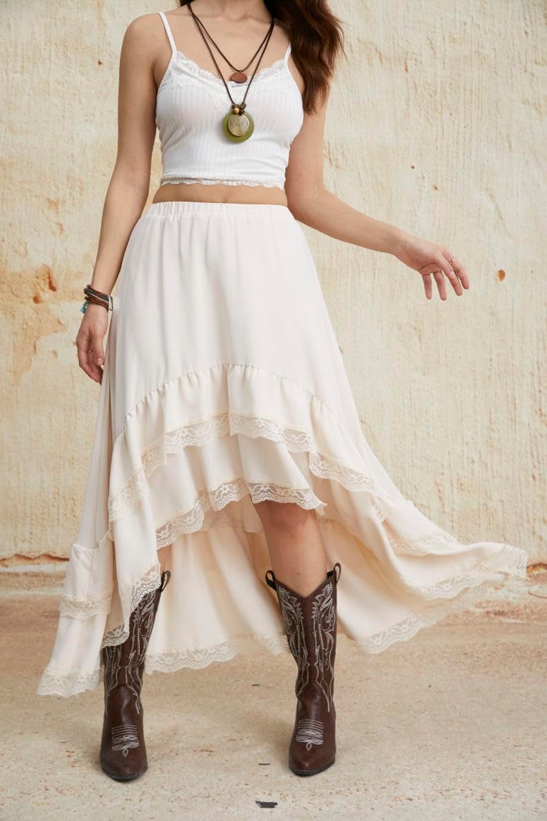 Verdusa Women's Western Boho Lace Ruffle Skirt Asymmetrical Country Cowgirl Skirts Apricot Medium - Image 3