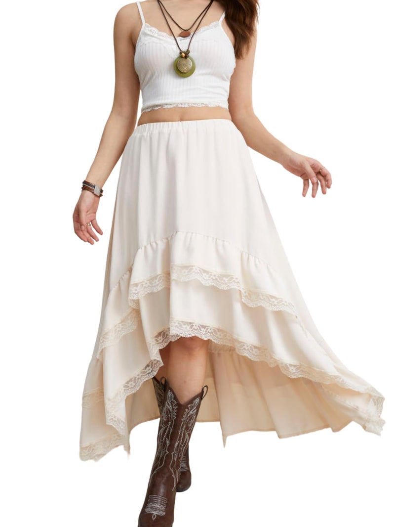 Verdusa Women's Western Boho Lace Ruffle Skirt Asymmetrical Country Cowgirl Skirts Apricot Medium - Image 4