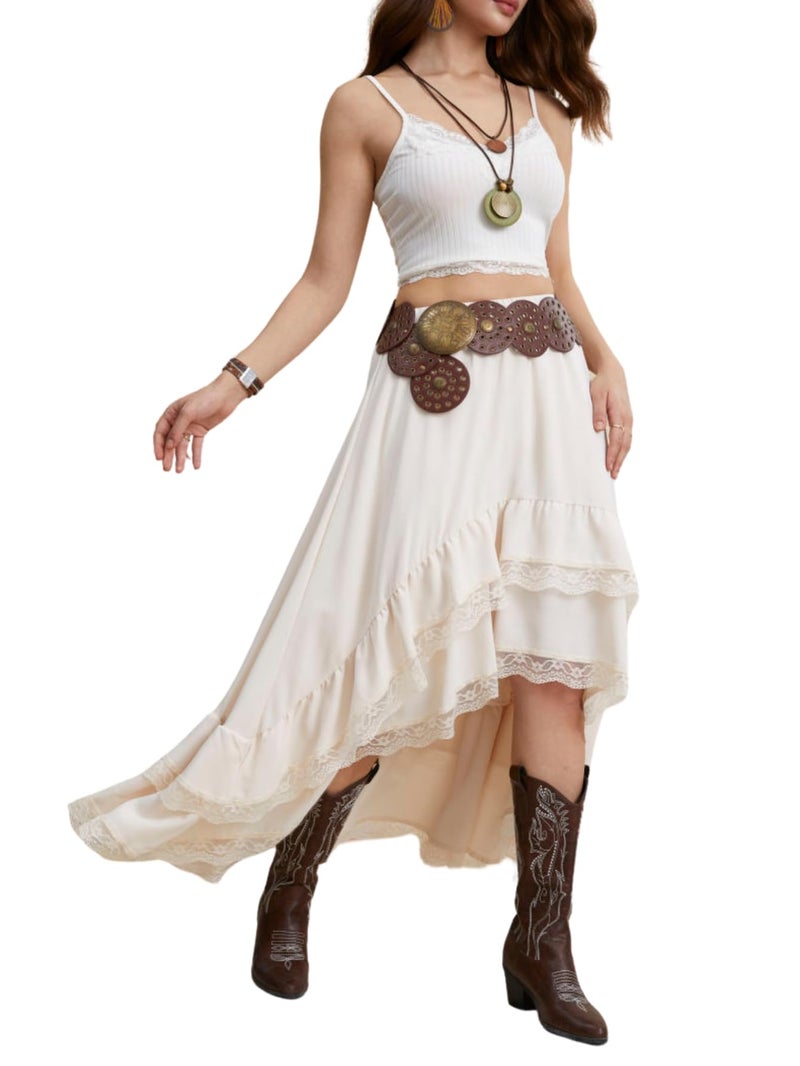 Verdusa Women's Western Boho Lace Ruffle Skirt Asymmetrical Country Cowgirl Skirts Apricot Medium - Image 1
