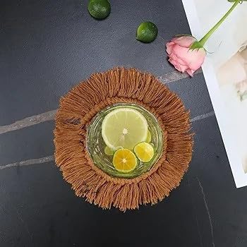 R.R.LALA Macrame Handmade CoastersTea Coaster Coffee Coaster Macrame Coasters Round Cup Coaster Boho Coaster 4 INCHES 4 PCS Set Circle Coaster with Frills Best Gift Warm Yellow Color - Image 2