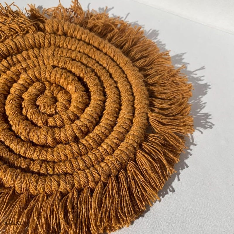 R.R.LALA Macrame Handmade CoastersTea Coaster Coffee Coaster Macrame Coasters Round Cup Coaster Boho Coaster 4 INCHES 4 PCS Set Circle Coaster with Frills Best Gift Warm Yellow Color - Image 1