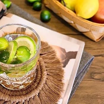 R.R.LALA Macrame Handmade CoastersTea Coaster Coffee Coaster Macrame Coasters Round Cup Coaster Boho Coaster 4 INCHES 4 PCS Set Circle Coaster with Frills Best Gift Warm Yellow Color - Image 3