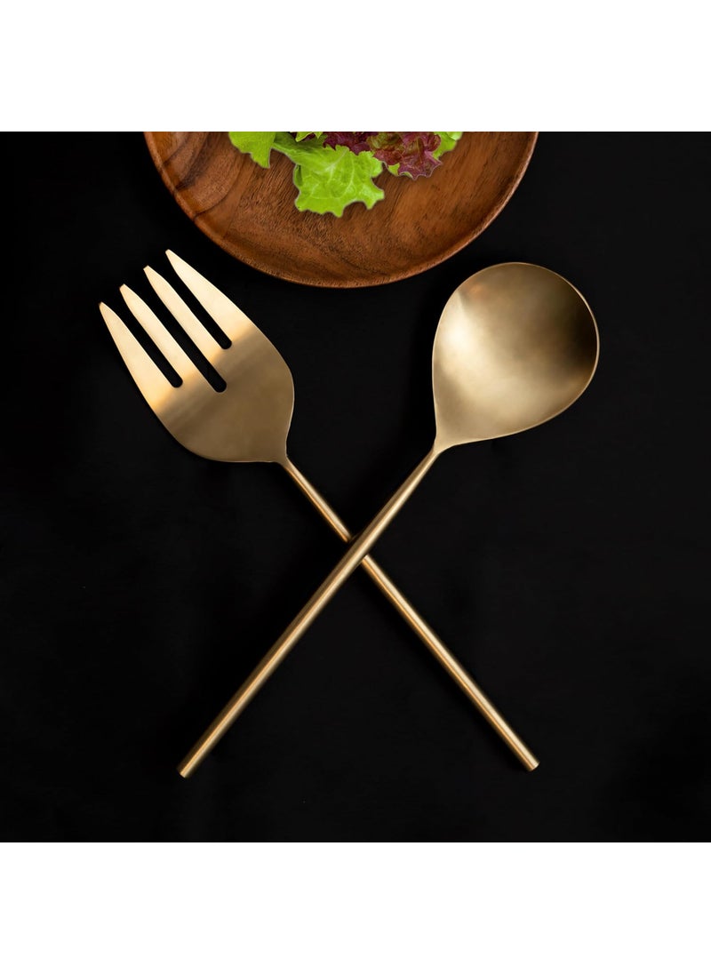 Pricne - Bello Pack of 2 Salad Spoon and Fork Salad Server Set Stainless Steel Salad Serving Set 11 inch Serving Spoon and Fork Set for Salad Gravies Fruits Soup or Pasta Gold Matte - Image 1