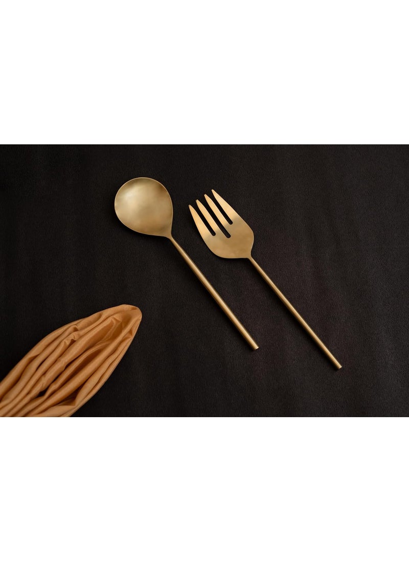 Pricne - Bello Pack of 2 Salad Spoon and Fork Salad Server Set Stainless Steel Salad Serving Set 11 inch Serving Spoon and Fork Set for Salad Gravies Fruits Soup or Pasta Gold Matte - Image 1