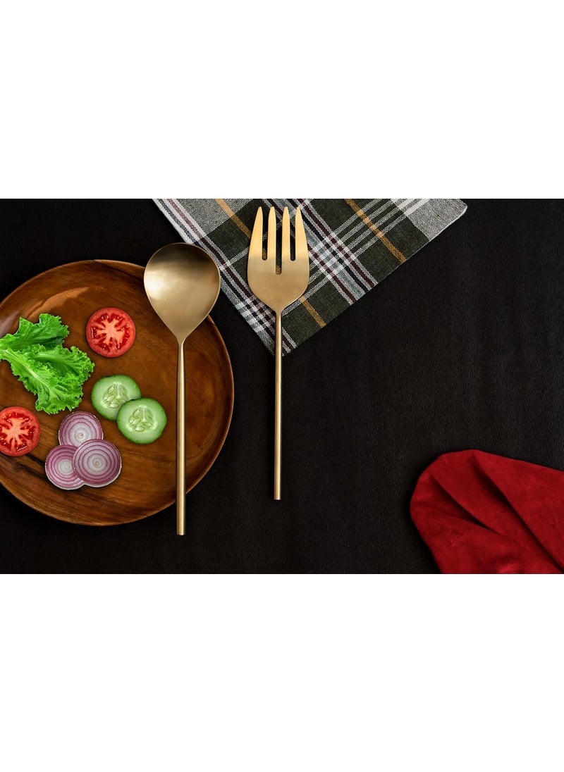 Pricne - Bello Pack of 2 Salad Spoon and Fork Salad Server Set Stainless Steel Salad Serving Set 11 inch Serving Spoon and Fork Set for Salad Gravies Fruits Soup or Pasta Gold Matte - Image 1