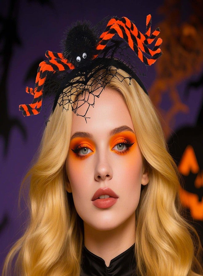 Bohend Halloween Spider Headband, Black Orange Striped Spider Web Fascinator, Delicate Hair Accessory - Image 2