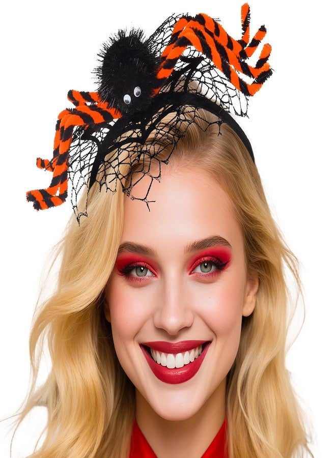 Bohend Halloween Spider Headband, Black Orange Striped Spider Web Fascinator, Delicate Hair Accessory - Image 1