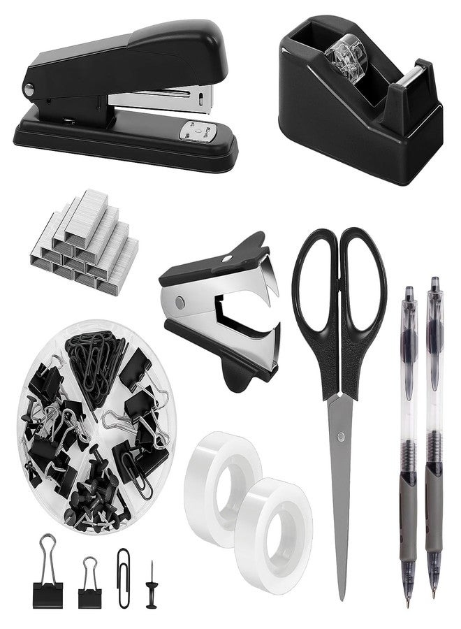 SKYDUE Black Office Supplies Set, Black Desk Accessories, Stapler, Tape Dispenser, Scissors, Binder/Paper Clips and 1000pcs Staples, Desk Supplies Set - Image 1