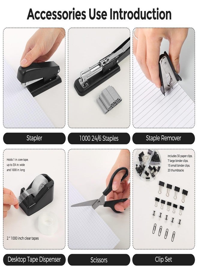SKYDUE Black Office Supplies Set, Black Desk Accessories, Stapler, Tape Dispenser, Scissors, Binder/Paper Clips and 1000pcs Staples, Desk Supplies Set - Image 2