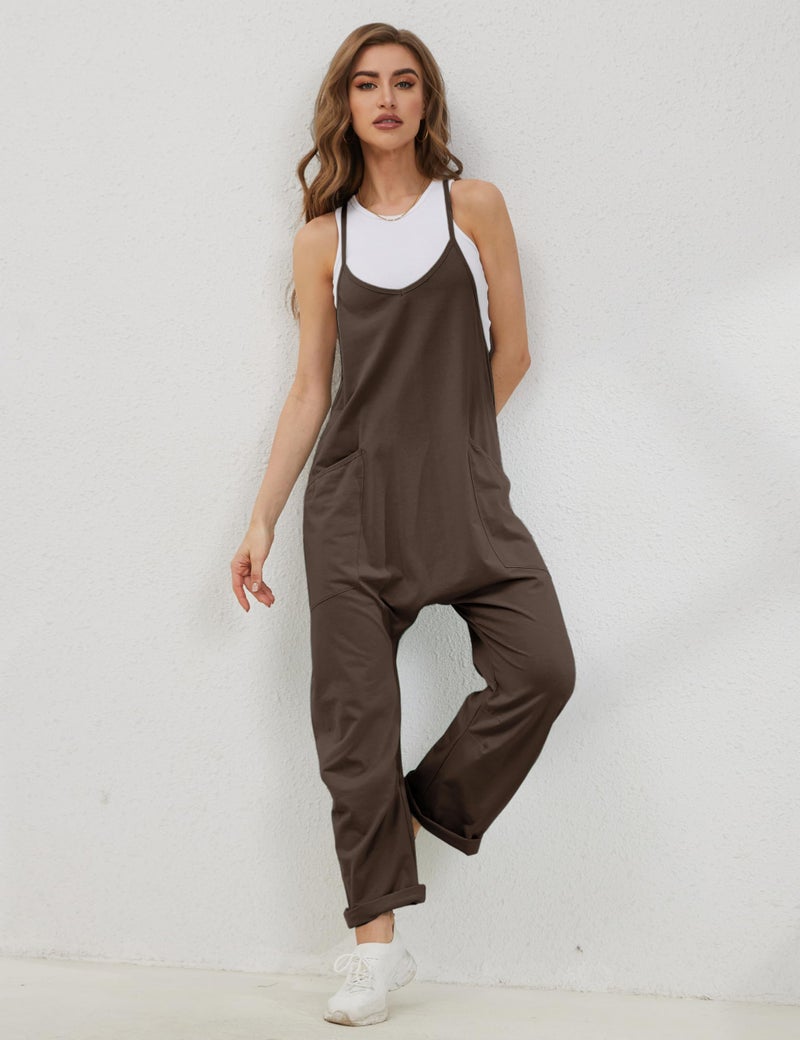 Lentta Women's Causal Jumpsuits V Neck Sleeveless Harem Overalls Stretchy Adjustable Strap Romper with Pockets(Coffee-S) - Image 2