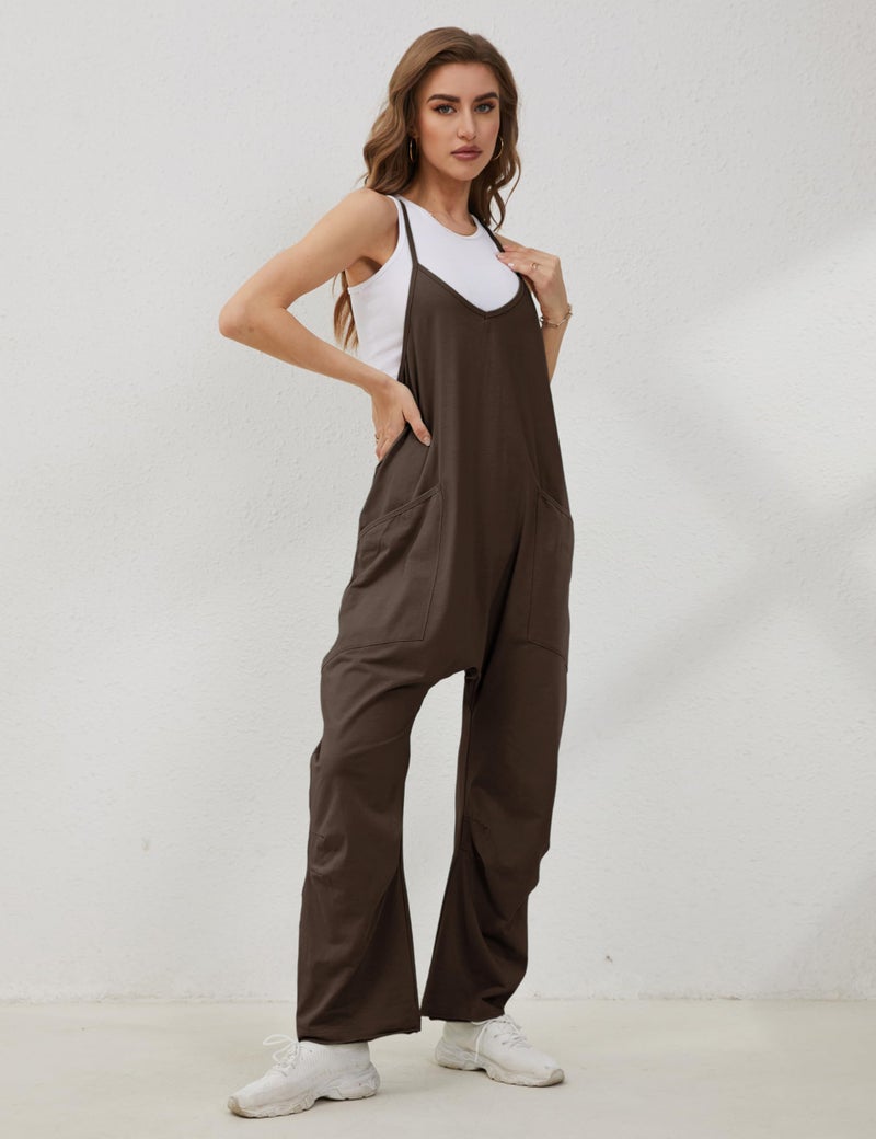 Lentta Women's Causal Jumpsuits V Neck Sleeveless Harem Overalls Stretchy Adjustable Strap Romper with Pockets(Coffee-S) - Image 5