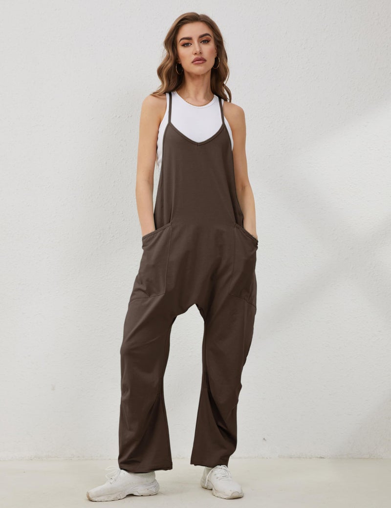 Lentta Women's Causal Jumpsuits V Neck Sleeveless Harem Overalls Stretchy Adjustable Strap Romper with Pockets(Coffee-S) - Image 3