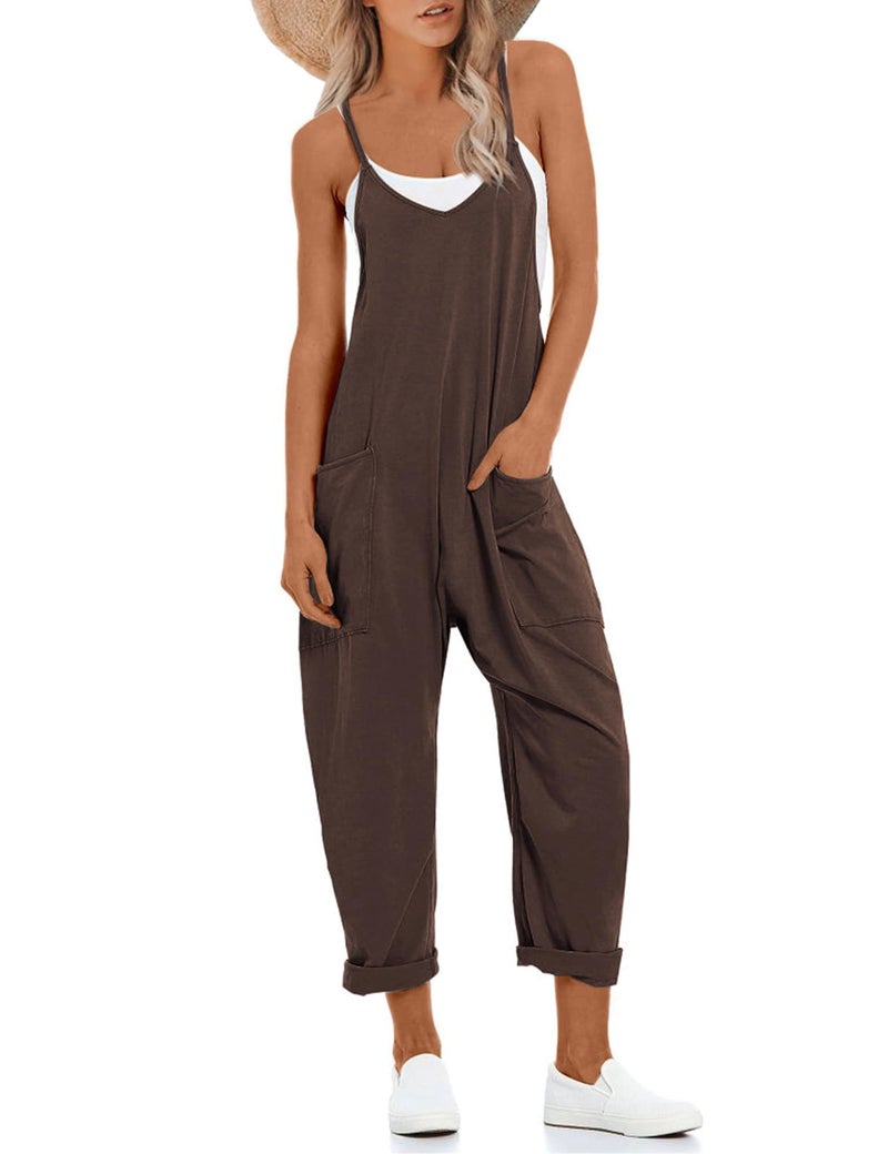 Lentta Women's Causal Jumpsuits V Neck Sleeveless Harem Overalls Stretchy Adjustable Strap Romper with Pockets(Coffee-S) - Image 1