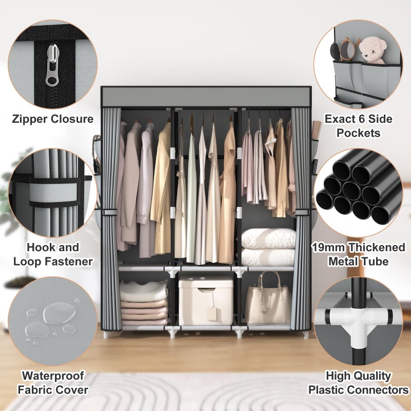 VTRIN Portable Closet Wardrobe for Hanging Clothes Closet with Cover, 3 Hanging rods, 6 Storage Shelves and Side Pocket, Diameter 19mm Metal Pipe, Sturdy Free Standing Closet for Bedroom - Image 4