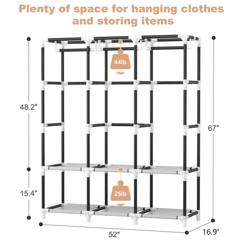 VTRIN Portable Closet Wardrobe for Hanging Clothes Closet with Cover, 3 Hanging rods, 6 Storage Shelves and Side Pocket, Diameter 19mm Metal Pipe, Sturdy Free Standing Closet for Bedroom - Image 3