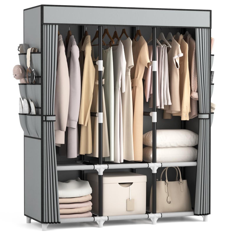 VTRIN Portable Closet Wardrobe for Hanging Clothes Closet with Cover, 3 Hanging rods, 6 Storage Shelves and Side Pocket, Diameter 19mm Metal Pipe, Sturdy Free Standing Closet for Bedroom - Image 1