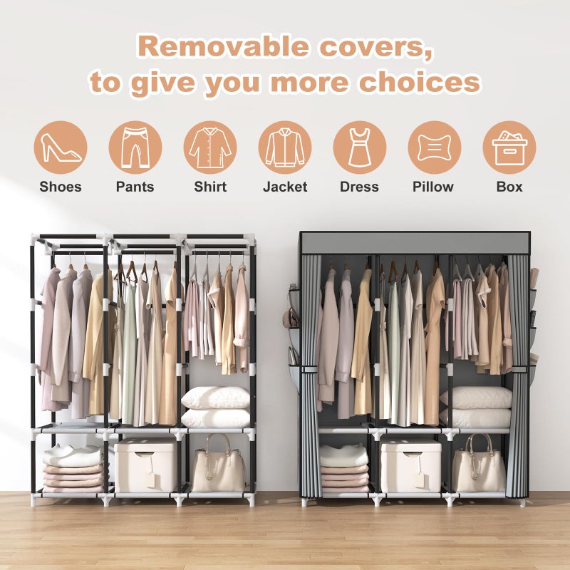VTRIN Portable Closet Wardrobe for Hanging Clothes Closet with Cover, 3 Hanging rods, 6 Storage Shelves and Side Pocket, Diameter 19mm Metal Pipe, Sturdy Free Standing Closet for Bedroom - Image 5