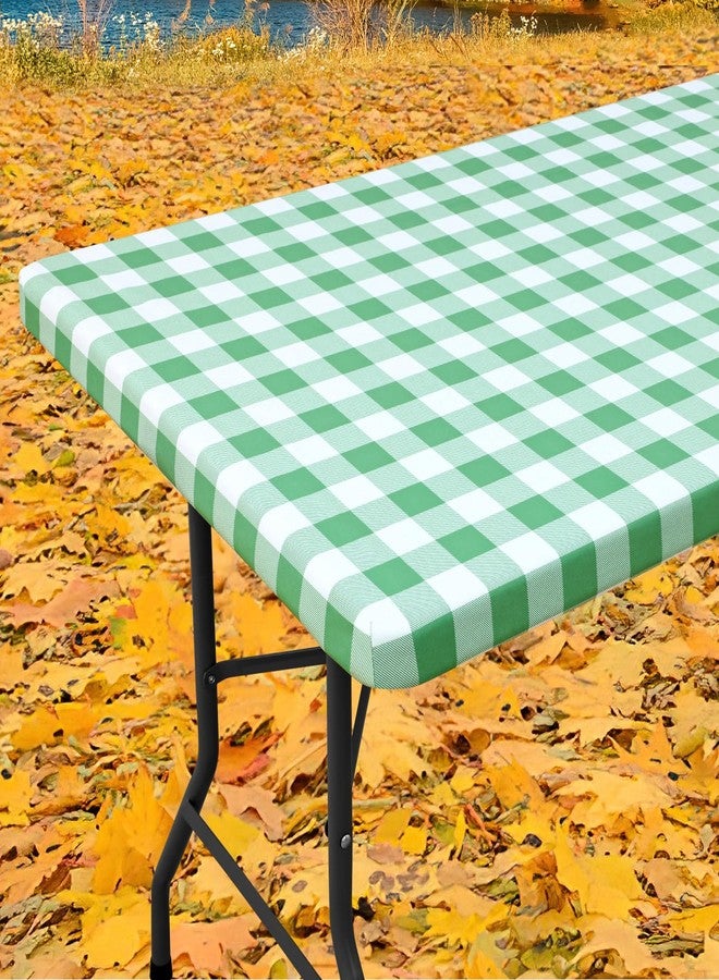 Smiry Rectangle Picnic Table Cloth, Elastic Waterproof Fitted Vinyl Tablecloths, Flannel Backed Buffalo Plaid Table Covers for Dining, Camping, Outdoor (Sage Green and White, 30" x 72") - Image 1