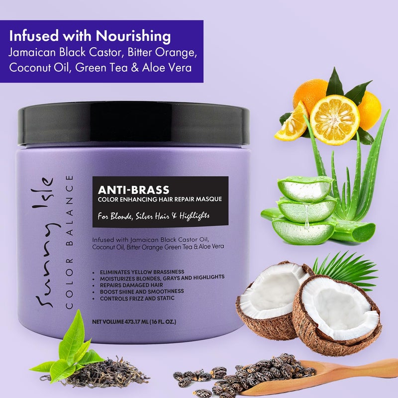 Sunny Isle Anti-Brass Color Enhancing Purple Hair Repair Masque 16oz | Neutralizes Yellow Undertones & Brassiness | Deep Conditioner Treatment Toner for Blonde, Silver, Gray Hair & Highlights - Image 3
