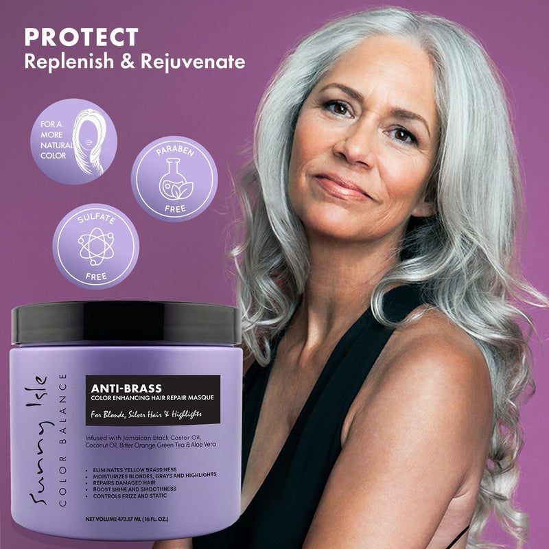Sunny Isle Anti-Brass Color Enhancing Purple Hair Repair Masque 16oz | Neutralizes Yellow Undertones & Brassiness | Deep Conditioner Treatment Toner for Blonde, Silver, Gray Hair & Highlights - Image 2