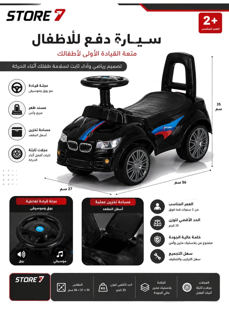 STORE 7 Ride-on and push car toy for children – steering wheel with horn and music – comfortable backrest, storage under the seat, fixed wheels for indoor and outdoor use – develops motor skills in children aged 2 years and above. 56 x 27 x 35 cm - Image 1