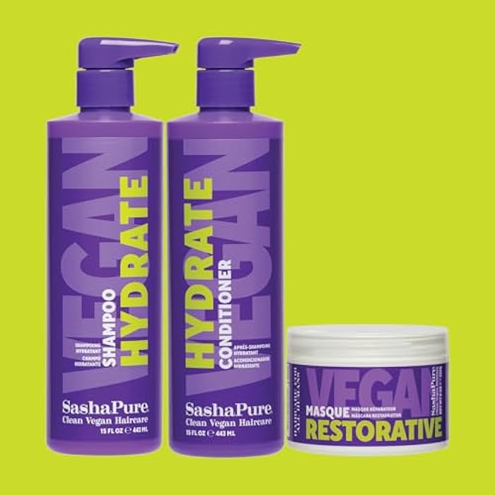 SashaPure Hydrate Shampoo and Conditioner with Restorative Masque, Vegan Haircare Set with Sacha Inchi Oil and Argan Oil, 3 Piece Bundle - Image 1