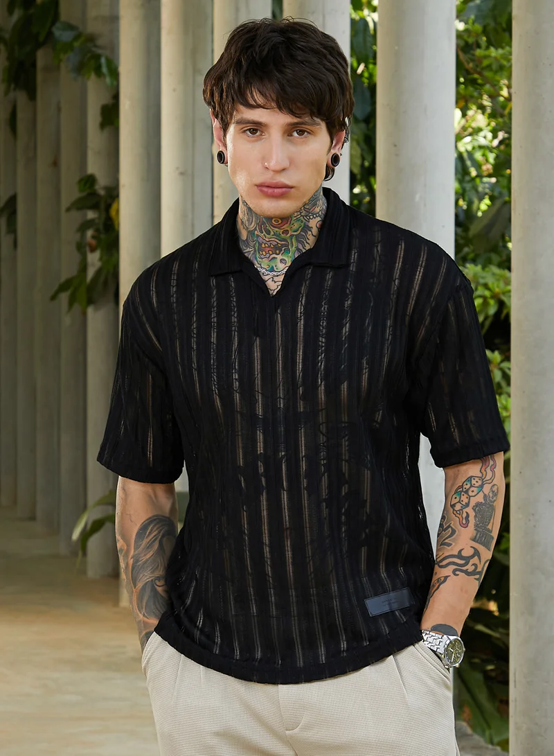 Campus Sutra Men's Onyx Black Duo-Striped Relaxed Polo T-Shirt