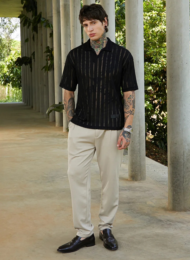 CAHOOT  Men's Onyx Black Duo-Striped Relaxed Polo T-Shirt for Men | Best Price UAE