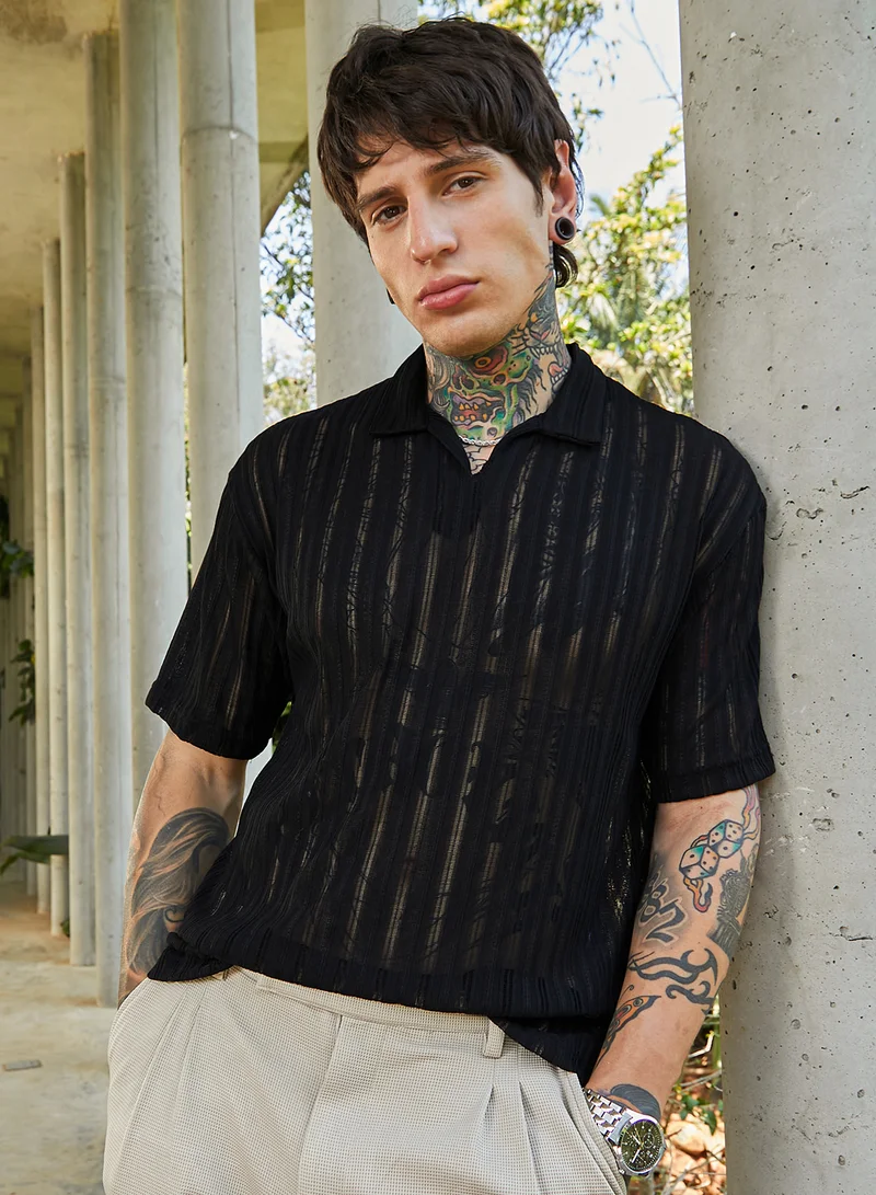Campus Sutra Men's Onyx Black Duo-Striped Relaxed Polo T-Shirt