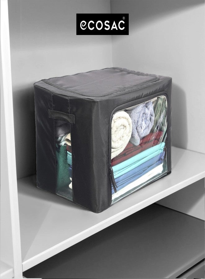 ECOSAC Garment Storage Organizer Box – Black, Diamond Polyester Fabric | Foldable Clothes Storage Bag with Transparent Window & Zipper for Sarees, Blankets, Towels, Wardrobe Organizer -Grey - Image 2