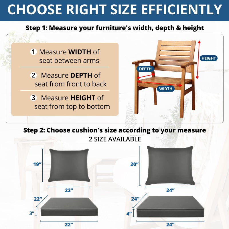 فابوداي Outdoor Chair Cushions Set - 22 x 22 Inch Waterproof u0026 Fade Resistant Patio Furniture with Removable Cover Deep Seat u0026 Back Pillow with Ties Replacement for Sunbrella Outside Sofa Couch Gray - Image 3