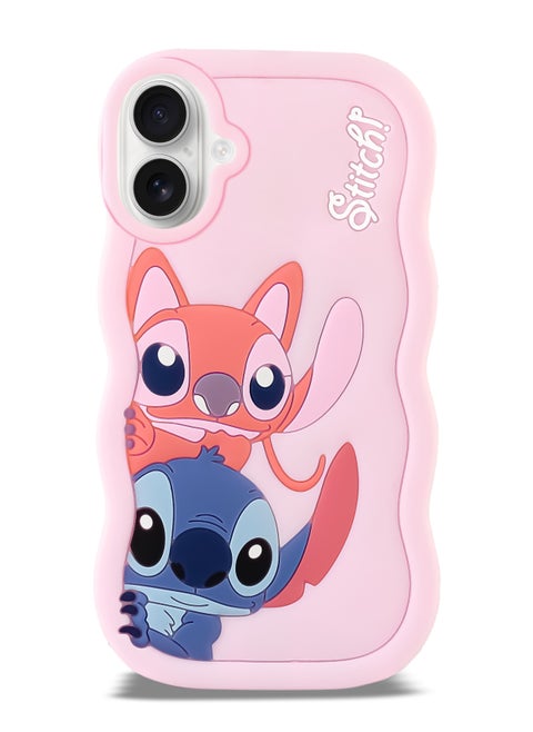 حافظة هاتف من السيليكون الناعم المتموج ثلاثية الأبعاد من Lilo and Stitch لهاتف Iphone 16 (وردي فاتح)