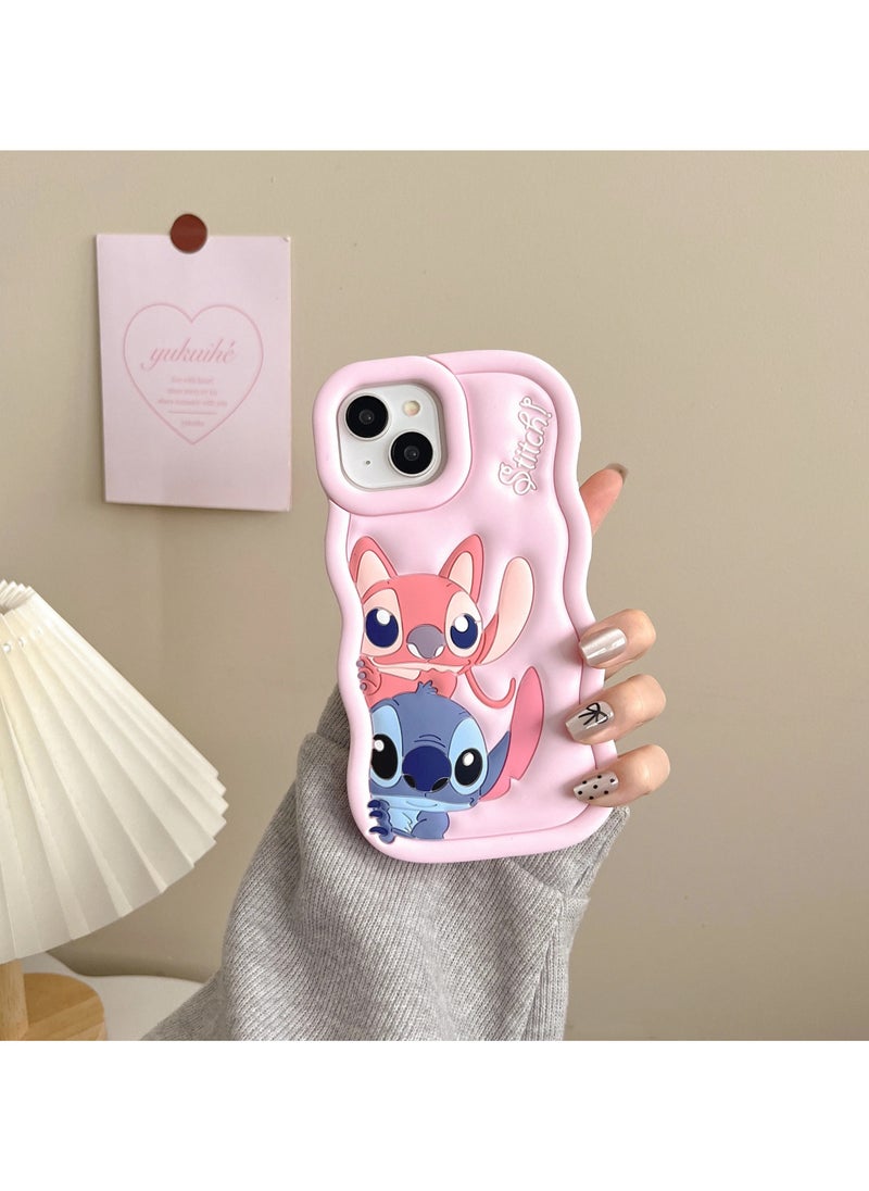 حافظة هاتف من السيليكون الناعم المتموج ثلاثية الأبعاد من Lilo and Stitch لهاتف Iphone 16 (وردي فاتح)