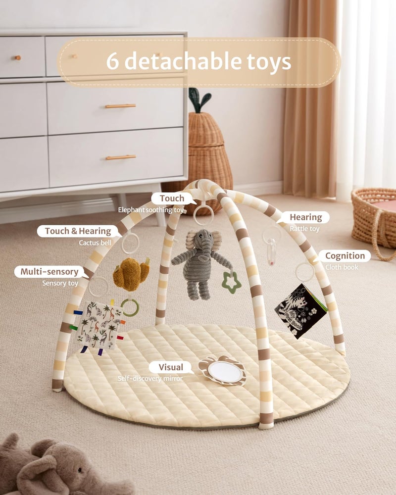 Blissful Diary Baby Play Gym Mat, Tummy Time Activity Mat with 6 Detachable Toys for Stage-Based Sensory & Motor Skill Development, Easy to Install & Clean, Baby Essentials Gift, Sandy Beige - Image 3